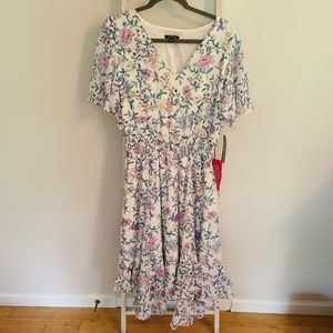 Tahari size 14 NWT V-neck smocked tea Length floral woven dress ivory pink lilac